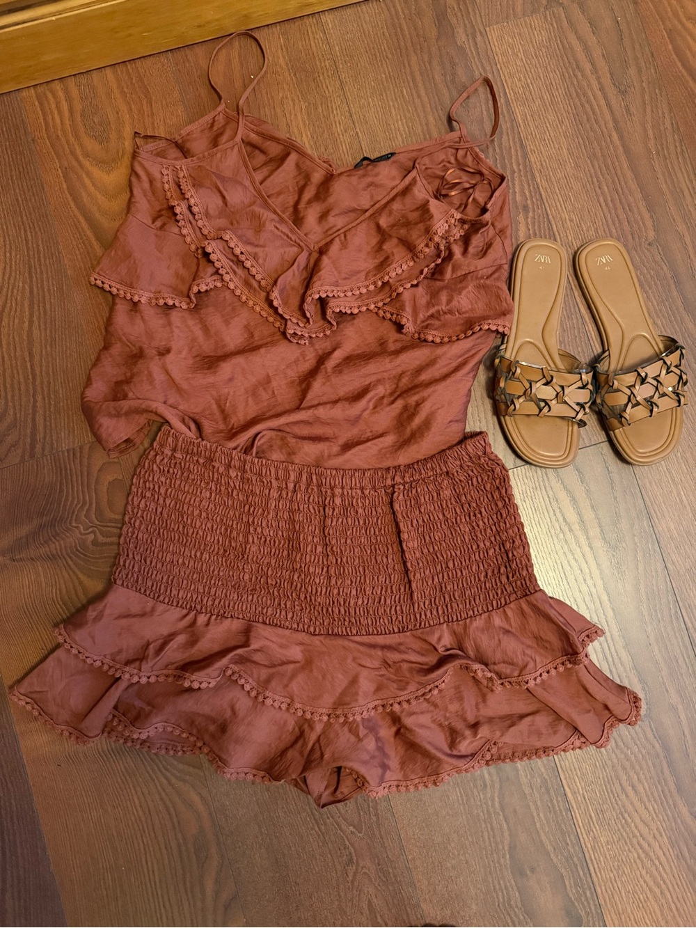 Zara Rust Brown Tiered Skirt Set